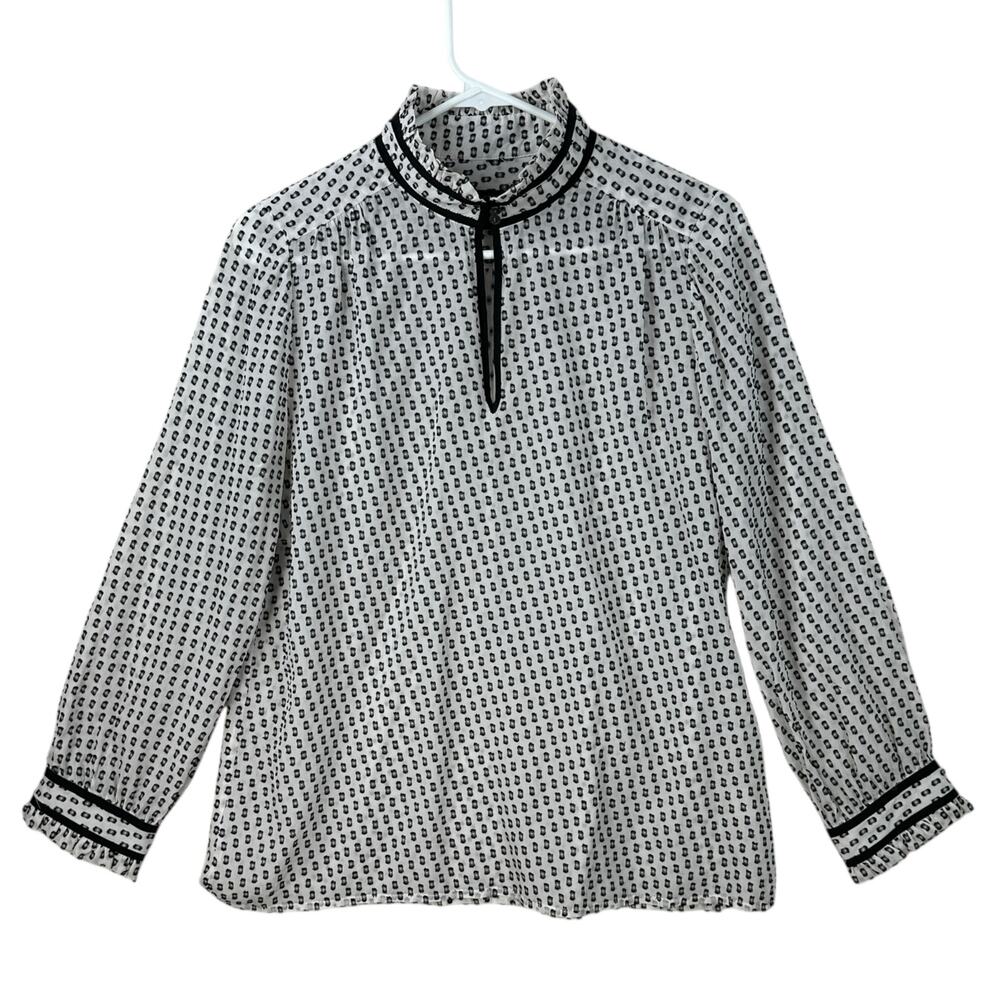 J.Crew Swiss Dot Blouse Top Womens Size 10 Silk Blend LS Mock Neck Keyhole